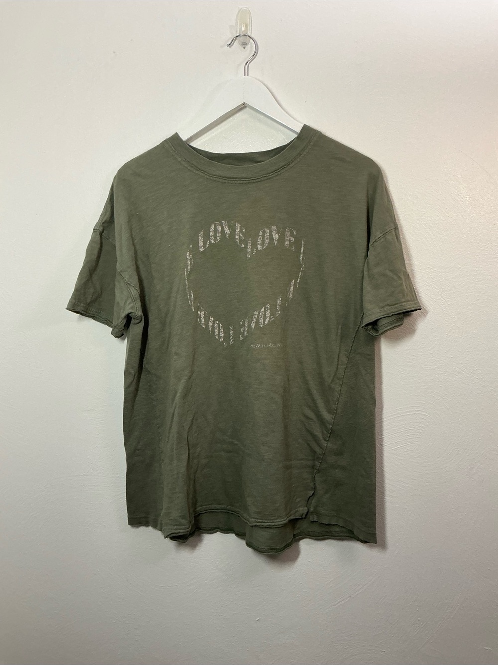 Aerie Olive Green Graphic Crewneck Tee Faded Heart “Love” Size Small